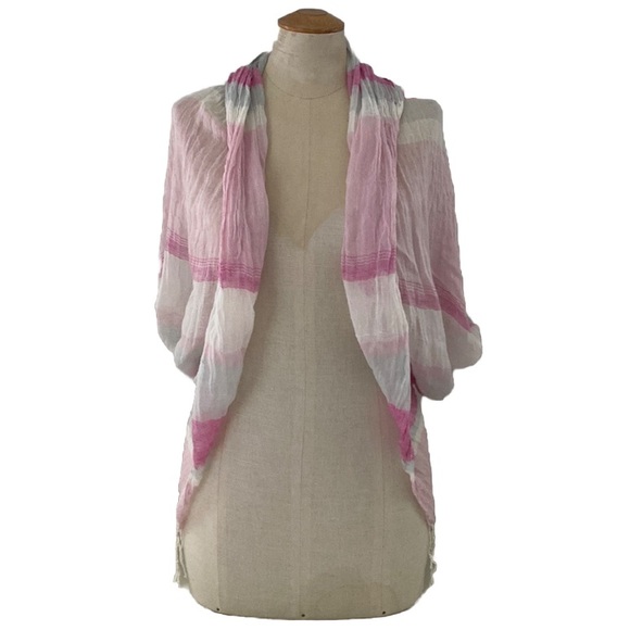 SUBTLE-LUXURY pink striped cover up w/ fringe. Linen cotton blend OS - Picture 4 of 7